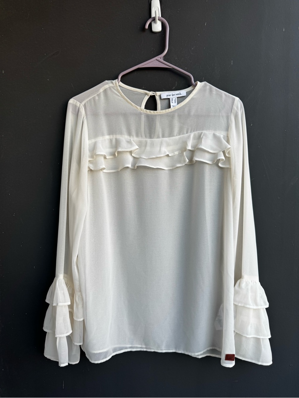 Romantic ivory semi-sheer long-sleeve ruffle fairy blouse
